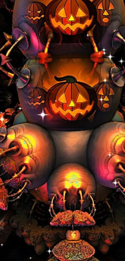 Abstract Halloween wallpaper with vibrant pumpkin design and intricate patterns.