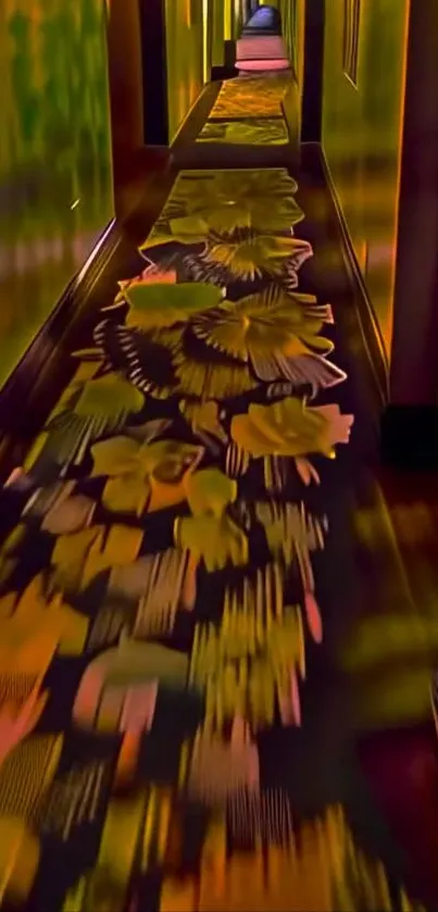 Abstract hallway art with floral pattern and vibrant colors.