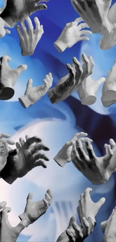 Abstract wallpaper with floating hands on a blue background.