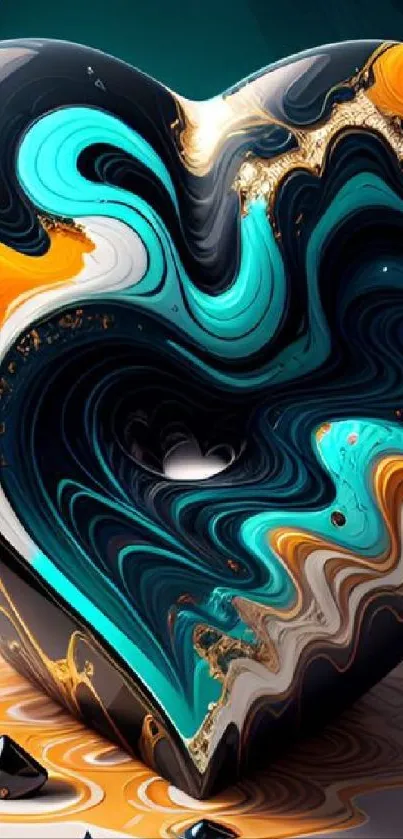 Abstract heart with teal and orange swirls.