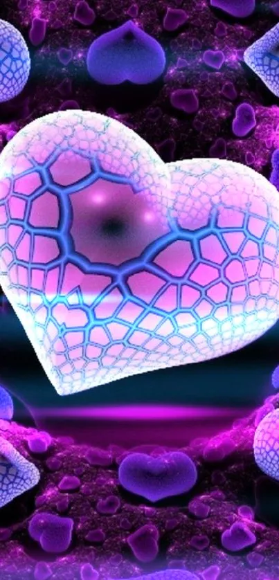 Vibrant abstract heart wallpaper with purple neon patterns.