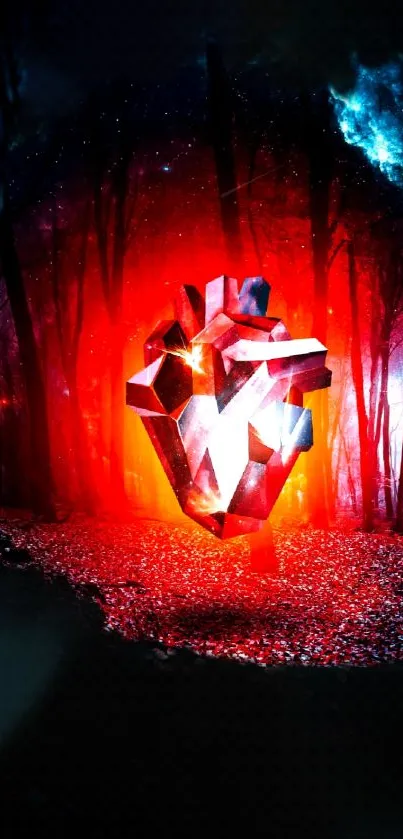 Abstract red heart floats in forest with vibrant colors.