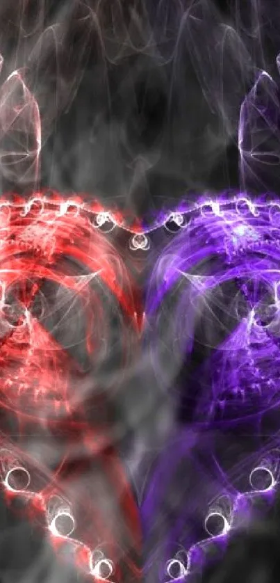 Abstract heart fractal art in red and purple hues on a dark background.