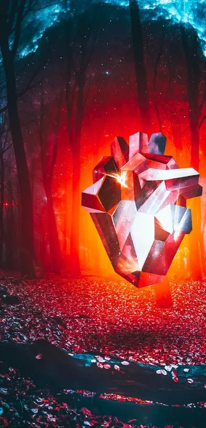 Abstract heart glowing in a mystical red forest with a captivating digital art style.