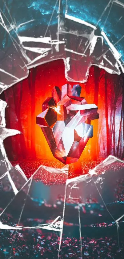 Faceted heart in a forest with shattered glass effect.