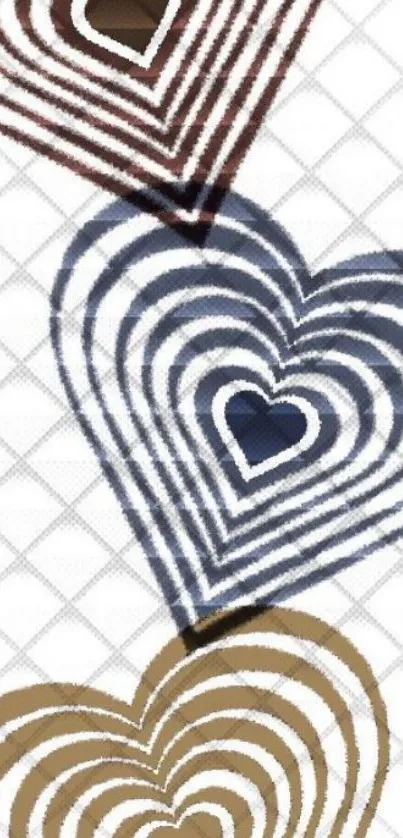 Abstract pattern with brown, blue, and beige hearts on a white grid.