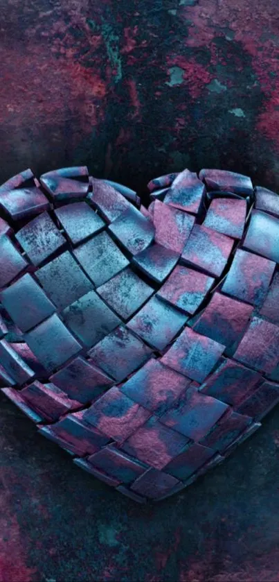 Abstract woven heart design in blue and purple hues.