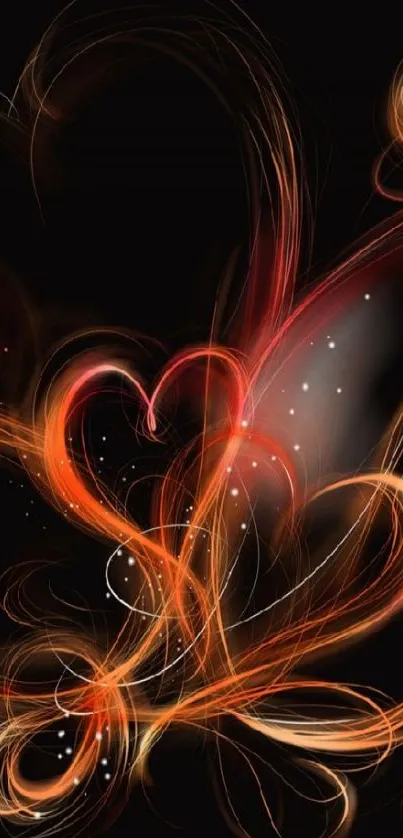 Abstract wallpaper with glowing heart and swirling orange lines on a black background.