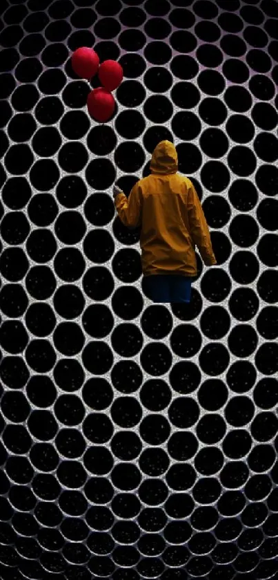 Man stands in front of hexagon pattern with vibrant neon lights.