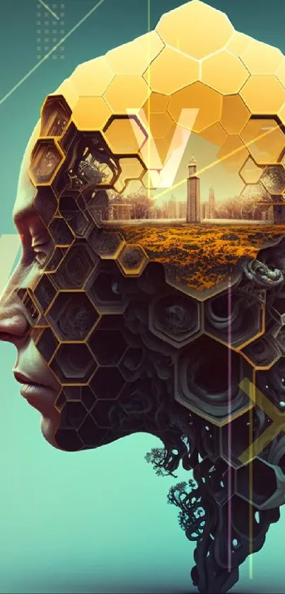 Abstract portrait with honeycomb and bees on teal background.