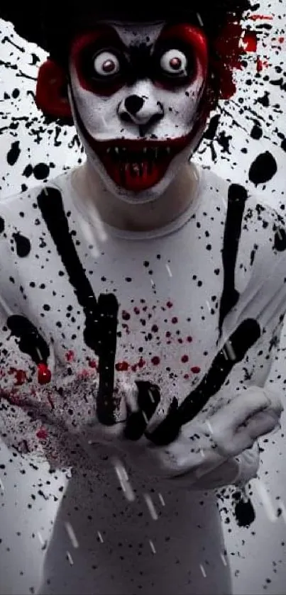 Abstract horror clown with splattered paint on white background.