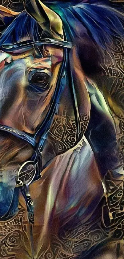 Abstract horse art wallpaper with vibrant colors and intricate details.