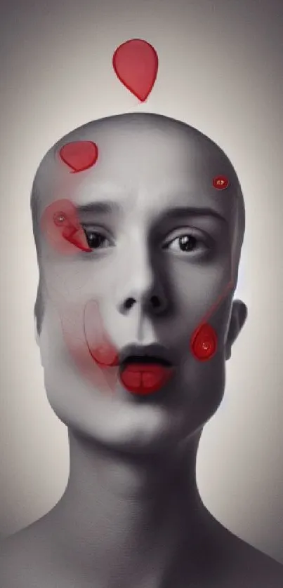 Abstract human face with red accents on gray background.