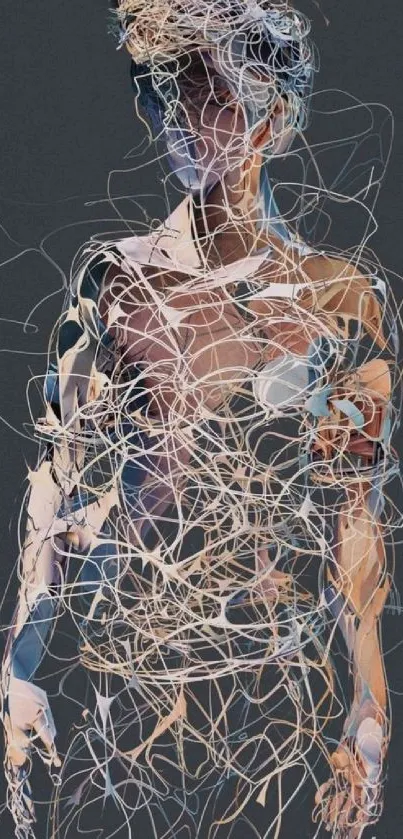 Abstract wire art depicting a human figure on a dark gray background.