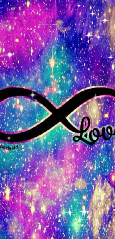 Vibrant galaxy wallpaper with infinity love symbol.