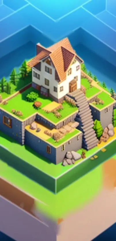 Isometric 3D wallpaper with a house on a layered platform.