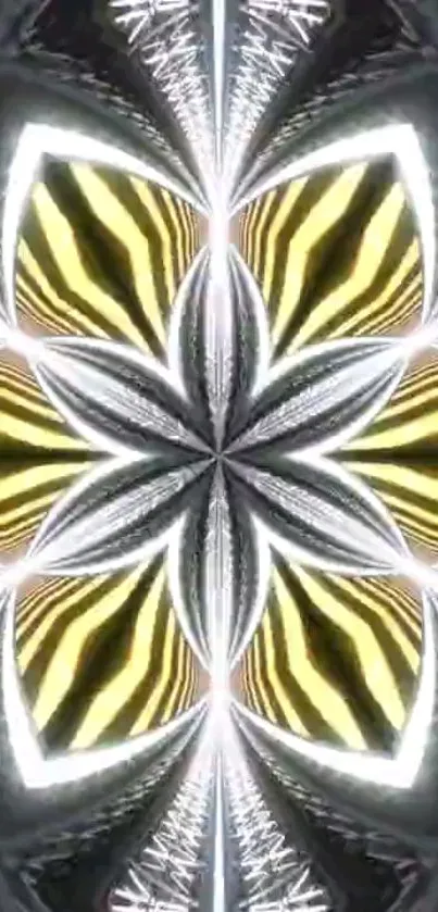 Abstract kaleidoscope design with yellow and silver tones for phone wallpaper.