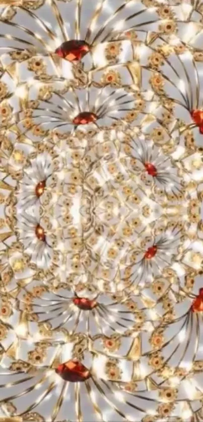 Intricate kaleidoscope wallpaper in golden tones.