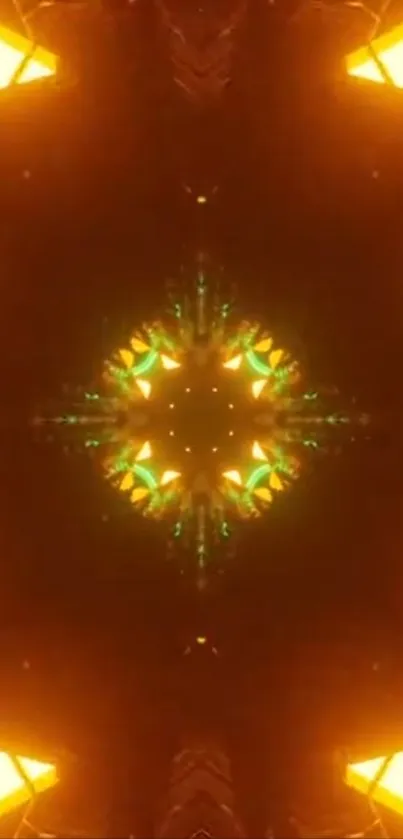 Orange glowing kaleidoscope abstract wallpaper for mobile phone.