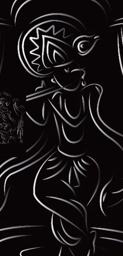 Abstract Krishna playing the flute in black and white design, mobile wallpaper.