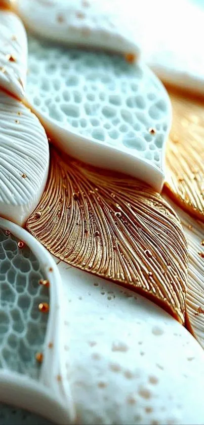 Abstract leaf pattern with gold accents on wallpaper.