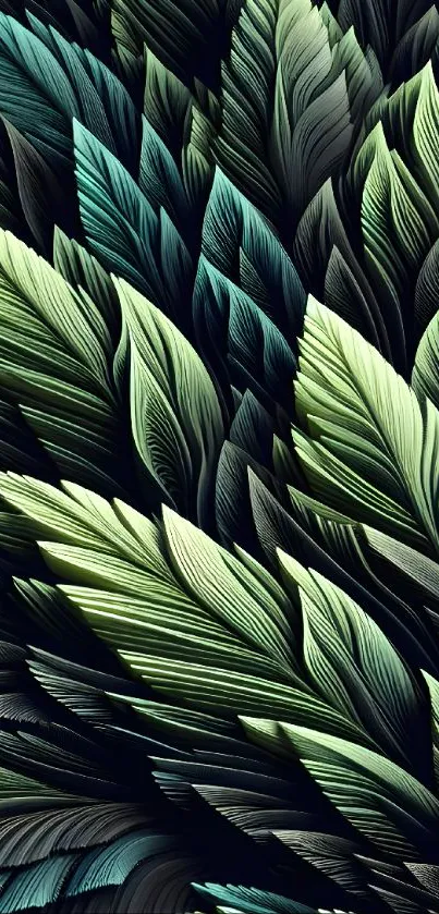 Abstract leaf pattern in green tones with a dark background.