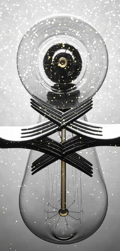 Abstract lightbulb art with forks on a gray background.