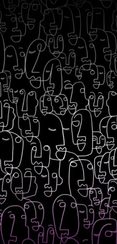 Abstract line art wallpaper with expressive faces in black and purple.