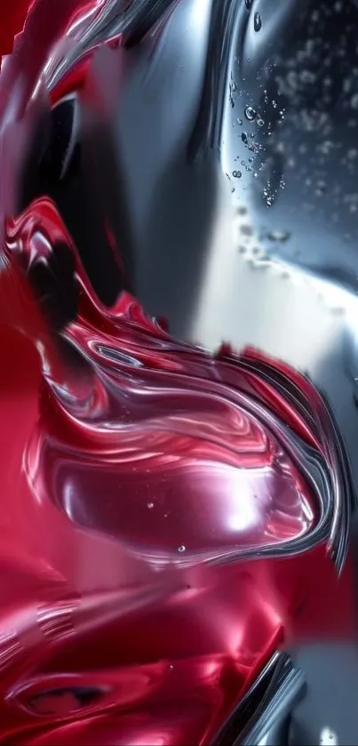 Abstract red and silver liquid art wallpaper with dynamic waves.