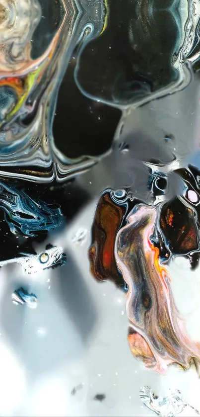 Abstract liquid metal art with colorful swirls and patterns in silver hues.