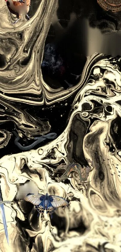 Abstract marble design with gold and black swirls for phone wallpaper.