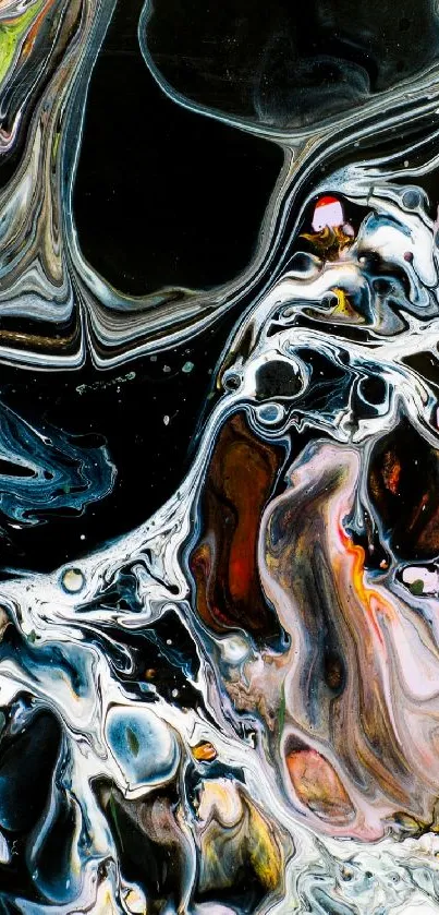 Abstract marble wallpaper with black, white, and colorful swirls.