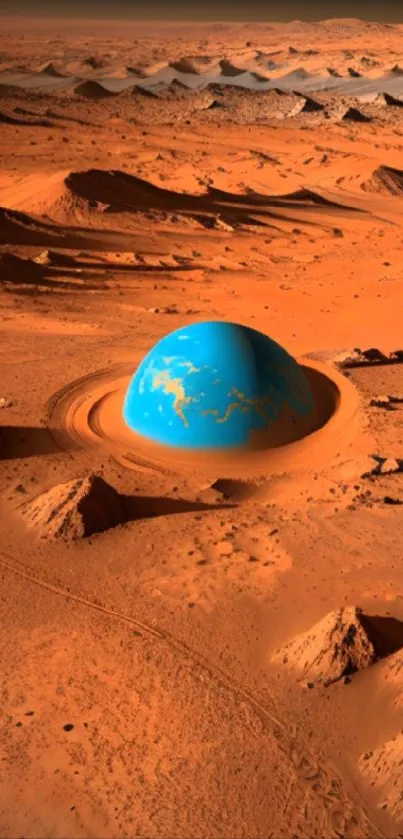 Surreal Martian landscape with a blue dome surrounded by orange terrain.