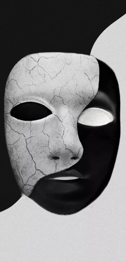 Abstract black and white mask art wallpaper with cracked texture.