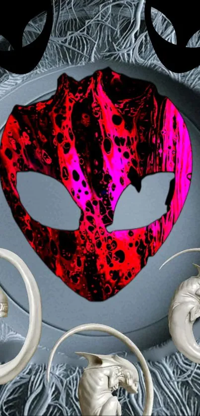 Vibrant abstract mask with red hues and artistic design.