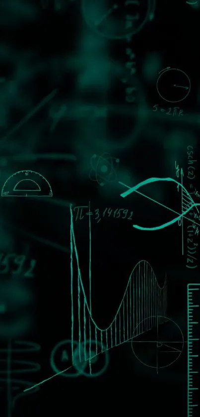 Abstract math equations design wallpaper in glowing teal.