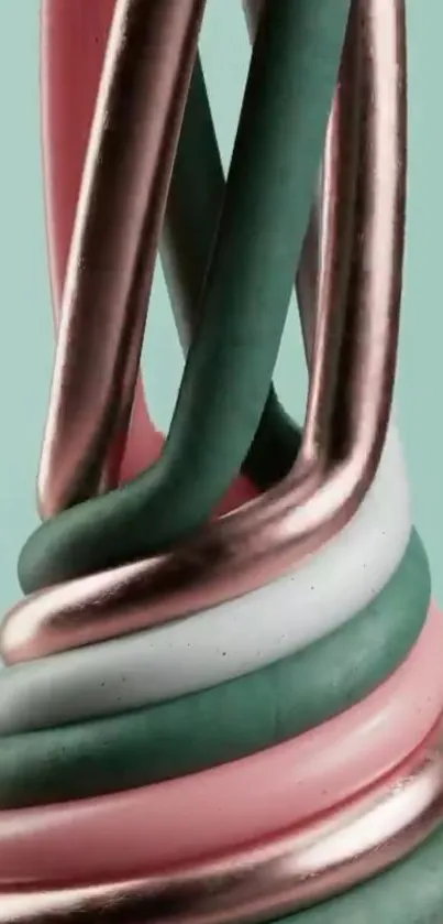 Abstract intertwined metal twists with pastel colors on a teal background.