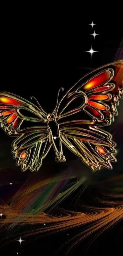 Abstract metallic butterfly with vibrant colors on a dark background.