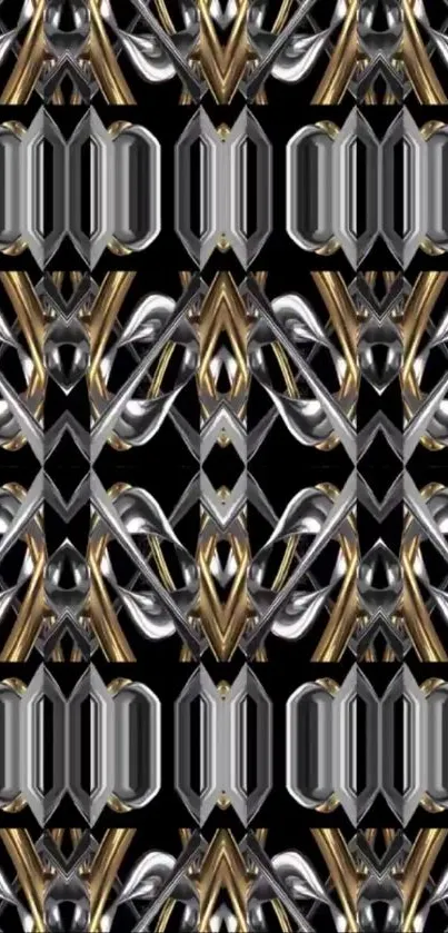 Abstract metallic pattern wallpaper with silver and gold elements.