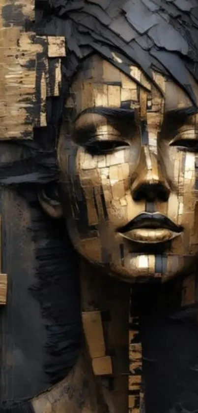 Abstract metallic face wall art design with gold textures.