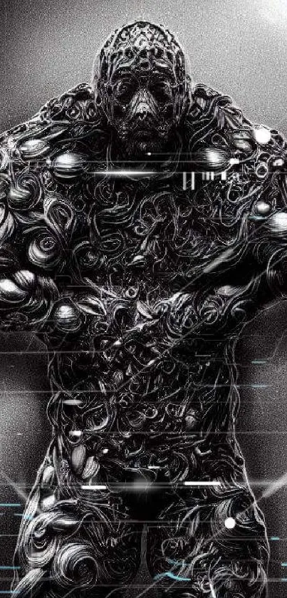 Intricate abstract metallic figure design on a dark background.