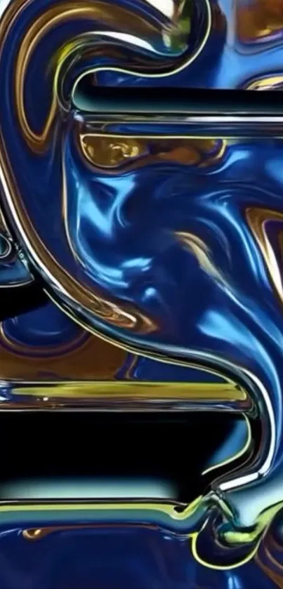 Abstract metallic fluid design in blue and gold hues.