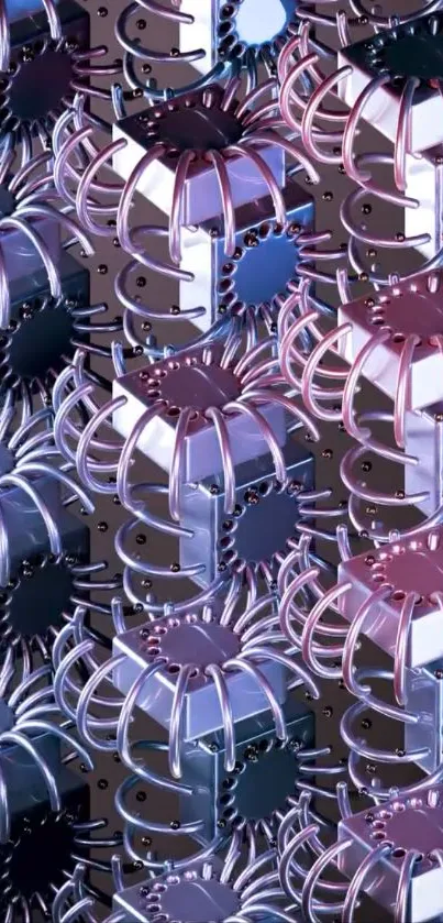 Abstract metallic flower pattern in blue and purple hues on wallpaper.