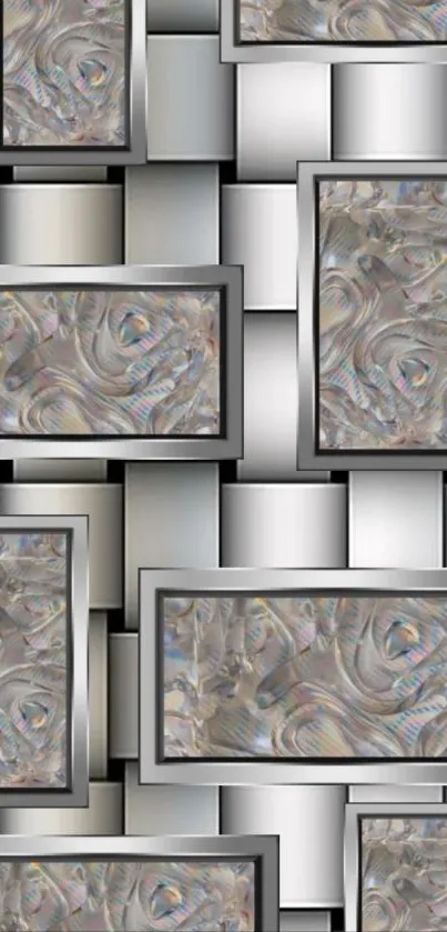 Abstract metallic geometric wallpaper design with silver tones.