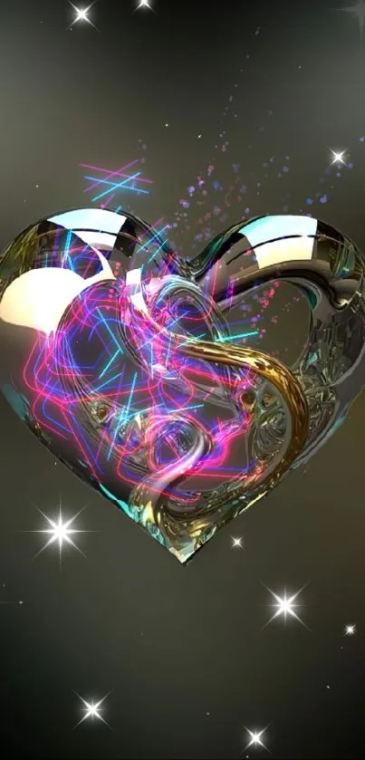 Abstract metallic heart with golden hues on dark background.