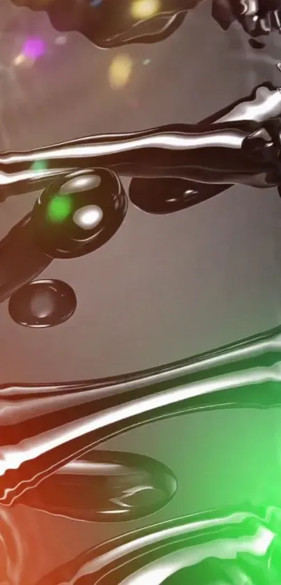 Abstract metallic liquid art wallpaper with colorful highlights.