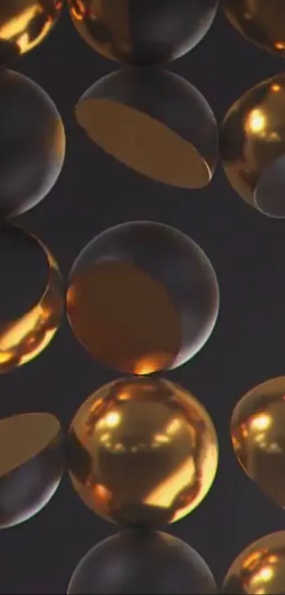 Abstract metallic orbs with gold reflection on dark background.