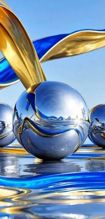 Abstract metallic orbs with blue and gold ribbons
