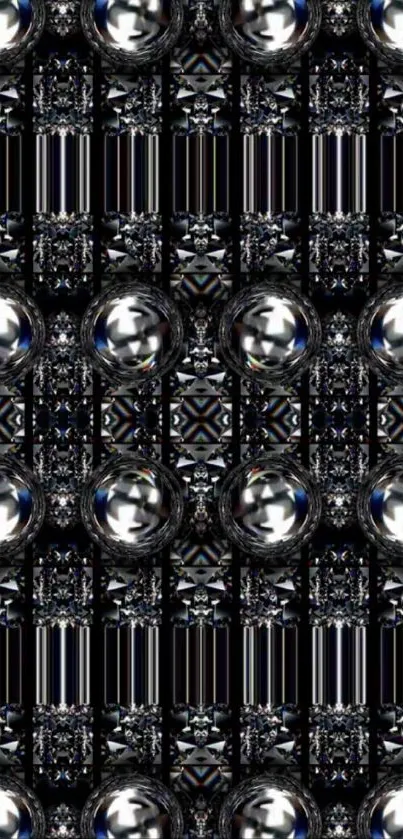 Abstract wallpaper with metallic spheres and geometric pattern.