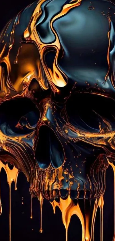 Abstract metallic skull with gold accents on dark background.